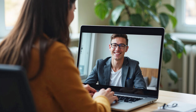 Young woman has job candidate on a video call. Job candidate is a professional man who is interviewed by a female recruiter on a screen. Job candidate concept for HR department.