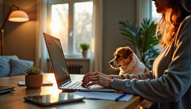 Work from home shows a woman at her laptop with her Jack Russell Terrier dog nearby. Work from home lifestyle includes modern technology and the companionship of a domestic animal.