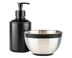 Obraz premium Black liquid soap dispenser with a stainless steel shaving bowl on a transparent background