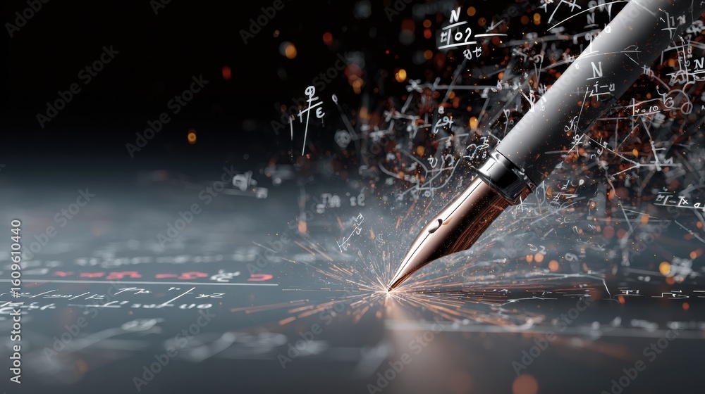 Poster mathematical formulas flow from a pen, symbolizing creativity and knowledge in an abstract space