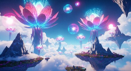 Floating Dreams, Surreal Fantasy Landscape with Neon Glow