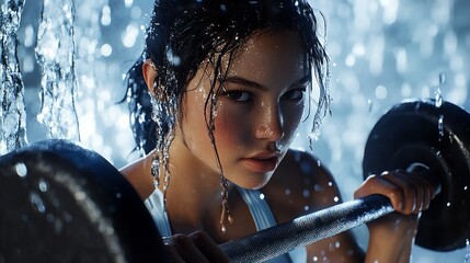 A woman lifting a barbell in the rain with water droplets on her face and wet hair in a gym setting