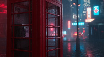 Obraz premium Red Telephone Box in Neon Cityscape