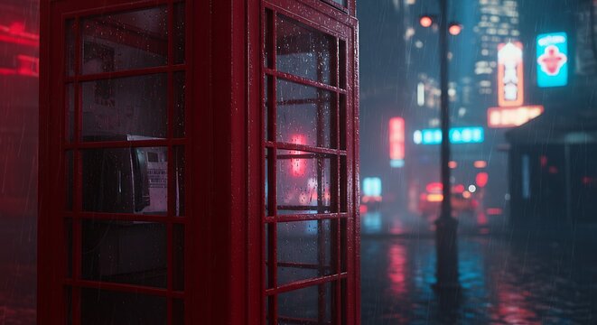 Red Telephone Box in Neon Cityscape - Powered by Adobe