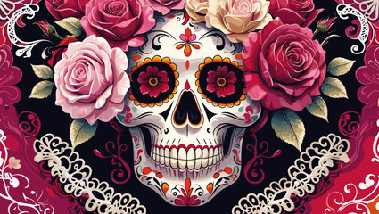 Colorful sugar skull surrounded by roses and decorative elements