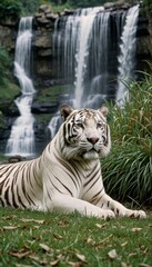 White tiger lies on grass against waterfall