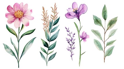 Watercolor floral collection: delicate pink, purple blossoms, green leaves, elegant botanical design.