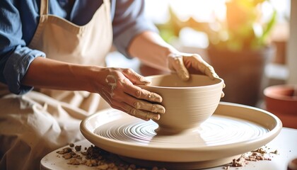 Hands shaping clay bowl on pottery wheel