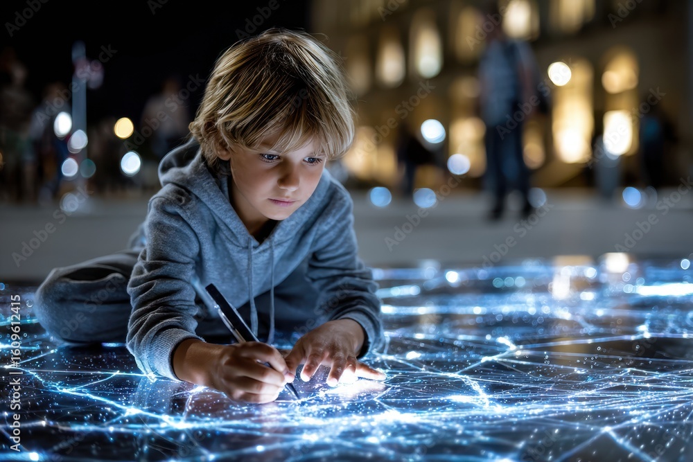 Poster child creating bright patterns on illuminated pavement at night in urban setting
