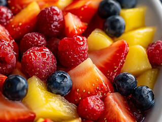 A vibrant, close-up shot of a fruit salad, bursting with fresh strawberries, blueberries, raspberries, and mango chunks, glistening with juice.