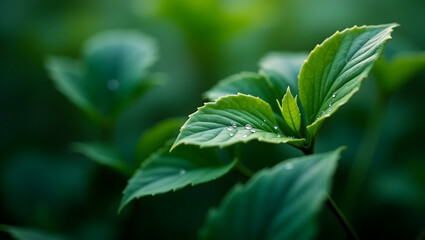 Green leaf with dew drops