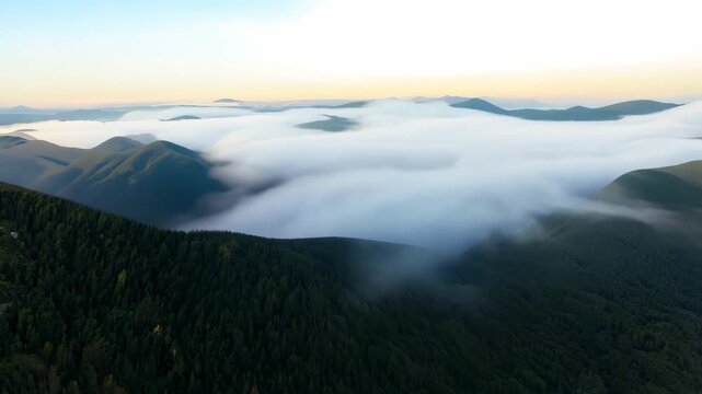 Drone Wide View of Glory Ring Forming over Foggy Mountains
