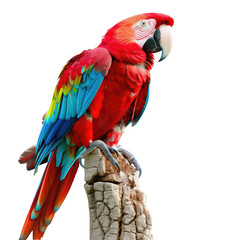 Naklejka premium Vibrant scarlet and turquoise macaw perched on weathered stump