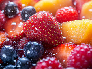 A vibrant, close-up shot of a fruit salad, bursting with fresh strawberries, blueberries, raspberries, and mango chunks, glistening with juice.