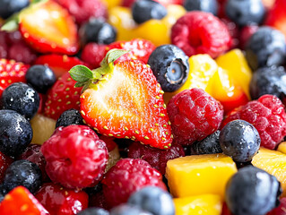 A vibrant, close-up shot of a fruit salad, bursting with fresh strawberries, blueberries, raspberries, and mango chunks, glistening with juice.