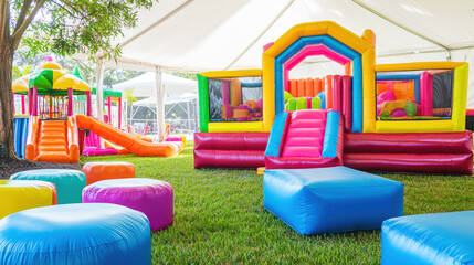 A vibrant, colorful bounce house and inflatable structures in a green, grassy outdoor setting.