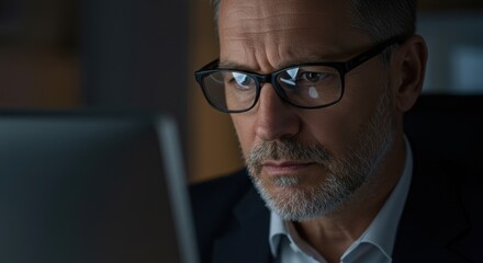 Thoughtful Man Concentrating on Computer Screen With Glasses in Low Light