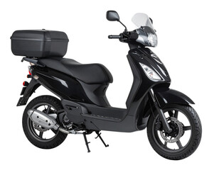 Yamaha TMAX Mega Scooter with Top Box and Windshield, Utility Setup Side View, Transparent Background