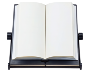 Blank open book resting on a black adjustable book holder on a transparent background