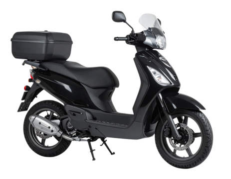 Yamaha TMAX Mega Scooter with Top Box and Windshield, Utility Setup Side View, Transparent Background