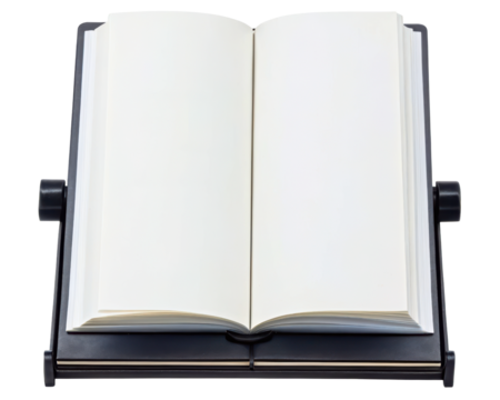 Blank open book resting on a black adjustable book holder on a transparent background