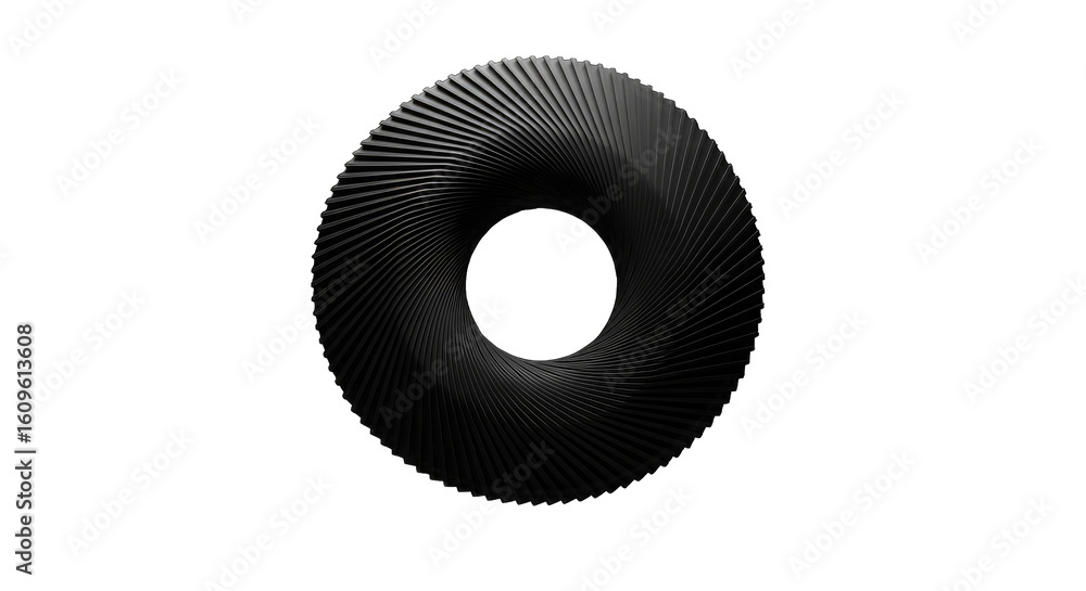 Poster dark circular 3d shape with metallic ribs on transparent background