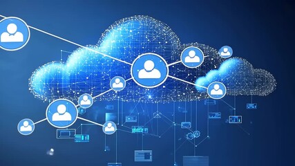 Cloud computing network with user icons and data connections illustrating digital collaboration