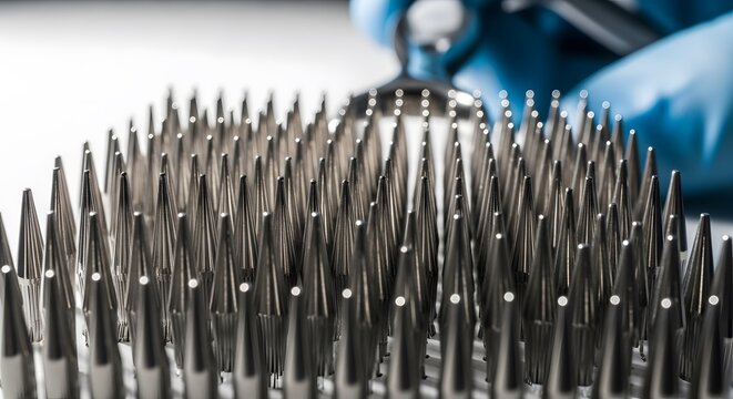 Close up of a metallic object with multiple pointed tips illuminated in natural light with a blurred background.