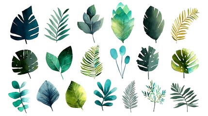 Watercolor Tropical Leaf Collection: Teal, Green, and Gold Foliage Illustrations