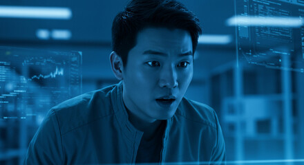 Young Asian man with a surprised expression looking at data displays and charts in a futuristic, high-tech environment.