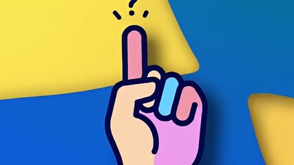 Stylized hand with finger raised on yellow and blue curved backdrop, graphic illustration - Powered by Adobe