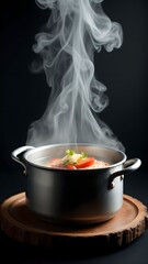 Steam rises from a copper pot in a warm kitchen atmosphere during a cozy cooking session