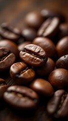 Dark roasted coffee beans piled vividly on a surface showcasing rich texture and color in soft natural lighting