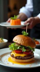 Delicious cheeseburger topped with fresh vegetables served on a blue plate in a cozy restaurant setting