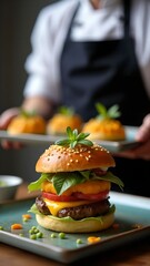 Delicious cheeseburger topped with fresh vegetables served on a blue plate in a cozy restaurant setting