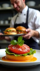 Delicious cheeseburger topped with fresh vegetables served on a blue plate in a cozy restaurant setting