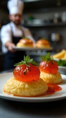 Delicious cheeseburger topped with fresh vegetables served on a blue plate in a cozy restaurant setting