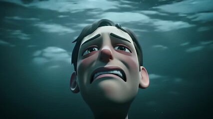 Man's cartoon face struggling, submerged in murky water, looking upwards with fear - Powered by Adobe