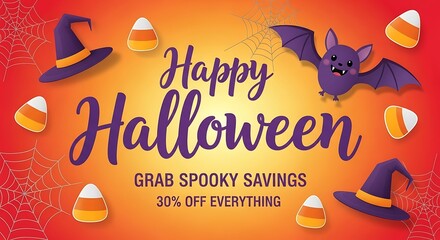Fototapeta premium Happy Halloween Sale: Spooky Savings, 30% Off Everything! Cute Bat, Witch Hats, Candy Corn Design.