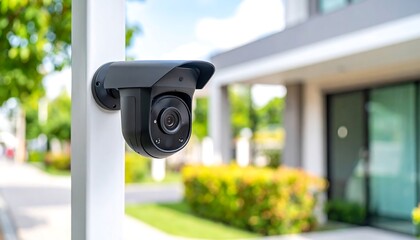 Outdoor security camera mounted on a white pole.  A modern black security camera is prominently displayed against a blurred background of a residential home and lush greenery