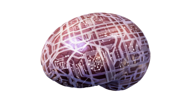Futuristic brain design with circuits on a transparent bg