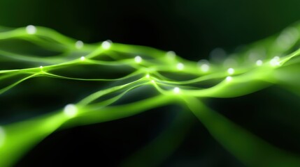 Obraz premium Abstract background: Flowing luminous threads forming a network of interconnected healthy lifestyle choices, holistic wellness. Integration, synergy. Green, intricate.