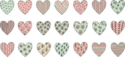 Set of Hand-Drawn Doodle Hearts with Cute Floral and Geometric Patterns
