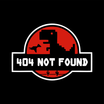 Funny 404 Not Found Dinosaur graphic design. Jurassic Park pixel art parody illustration. Vintage animal artwork for printed t-shirts, posters, stickers, and more