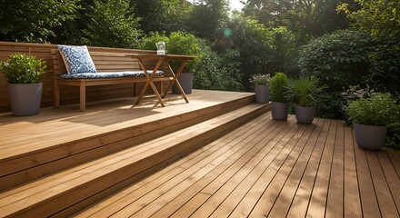 Fototapeta premium Wooden deck with furniture and plants in a tranquil garden