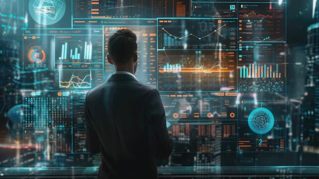 A person standing in front of a large screen display, suitable for use in presentations or lectures