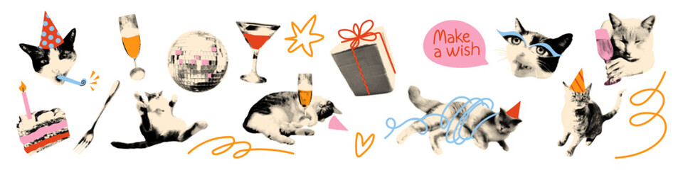 Cat birthday party halftone art collage cut outs set. Funny stickers with vintage dotted texture and doodles. Modern retro grunge mixed media vector illustration on transparent background