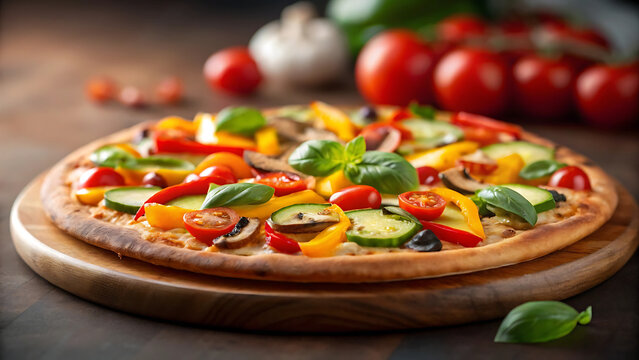 A vibrant vegetarian pizza topped with fresh vegetables, including tomatoes, peppers, mushrooms, and basil, sitting on a wooden board