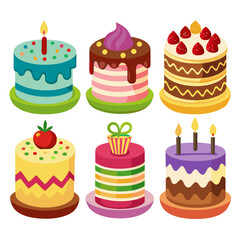 A vibrant collection of six uniquely decorated cartoon cakes each with distinct colors toppings and designs perfect for birthday celebrations or sweet treat illustrations Six