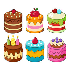 A delightful collection of six cartoon cakes each uniquely decorated with vibrant colors playful toppings and charming details perfect for birthdays celebrations or sweet themed